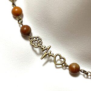 Earthy Polychrome Jasper Necklace,Bronze Paw Print Heart Beat + Genuine Gemstone